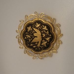 Vintage style Damascene brooch with bird and floral motif